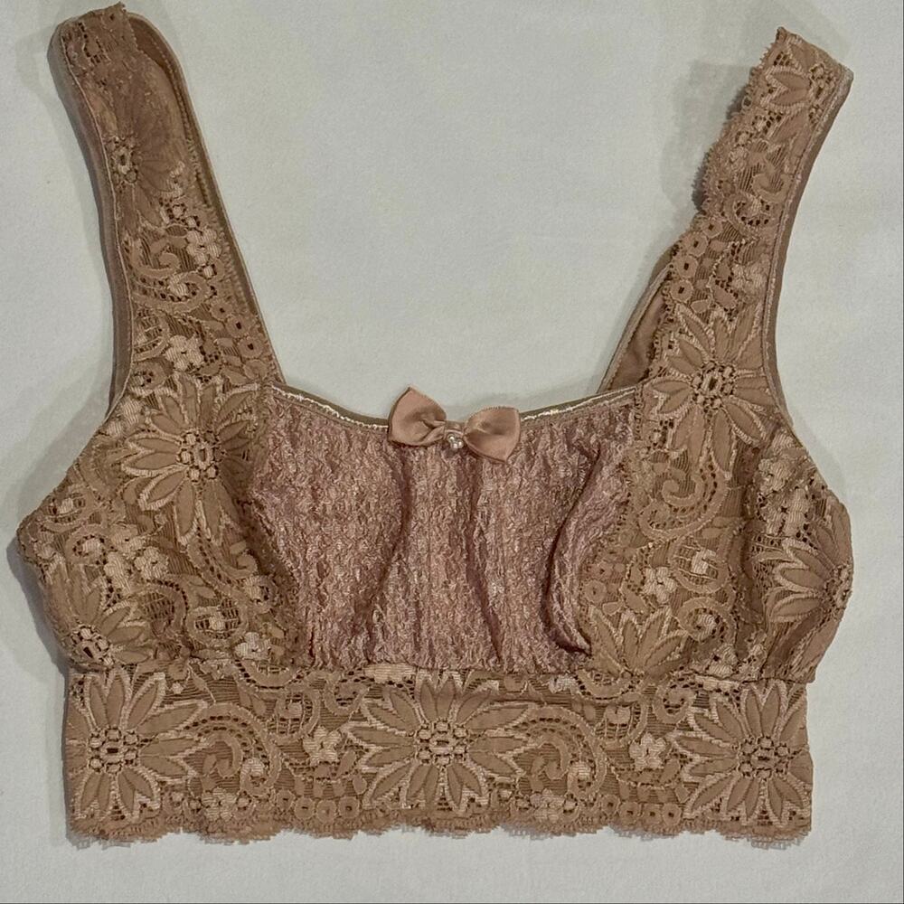 Vintage 90s Dusty Rose Lace Bralette Crop Top Pearl Bow S